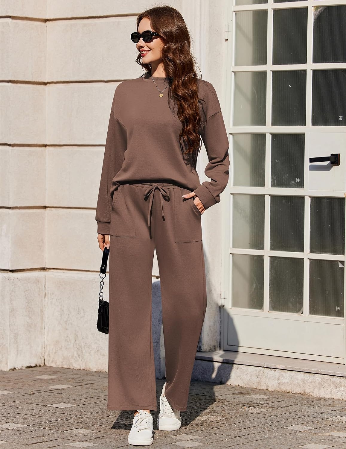 image:imageEkouaer Two Piece Sets for Women Mock Neck Lounge Sets Travel Outfits 2026Brown
