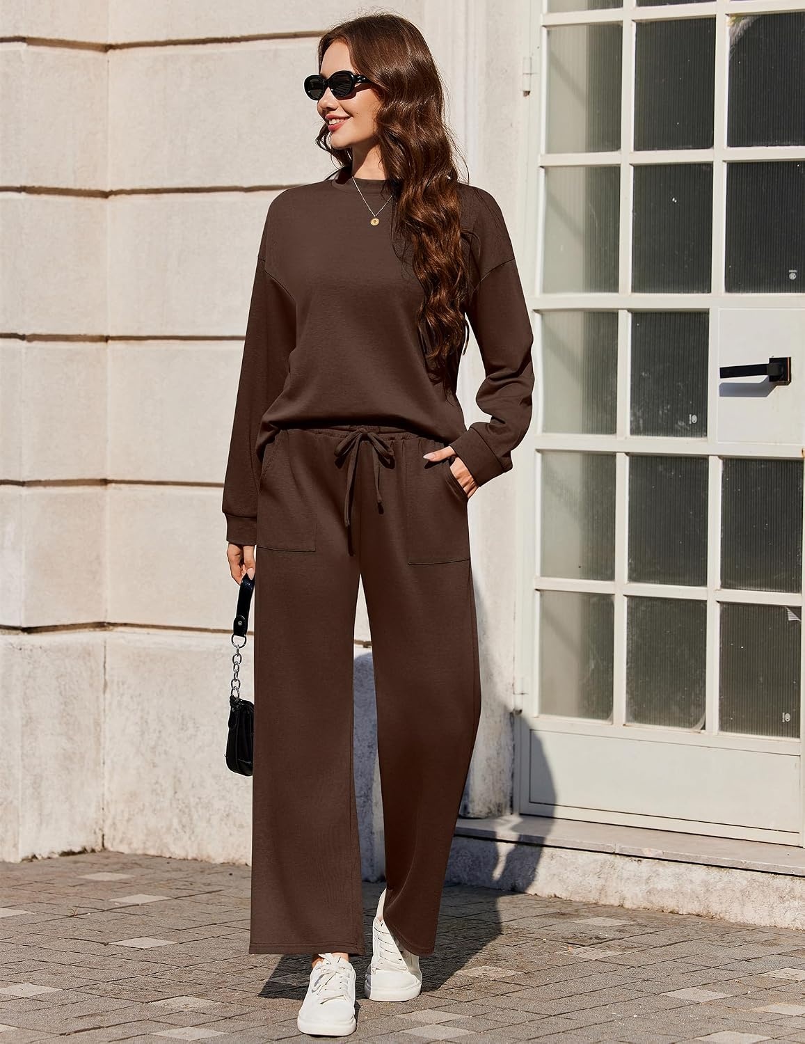 image:imageEkouaer Two Piece Sets for Women Mock Neck Lounge Sets Travel Outfits 2026Chestnut Brown