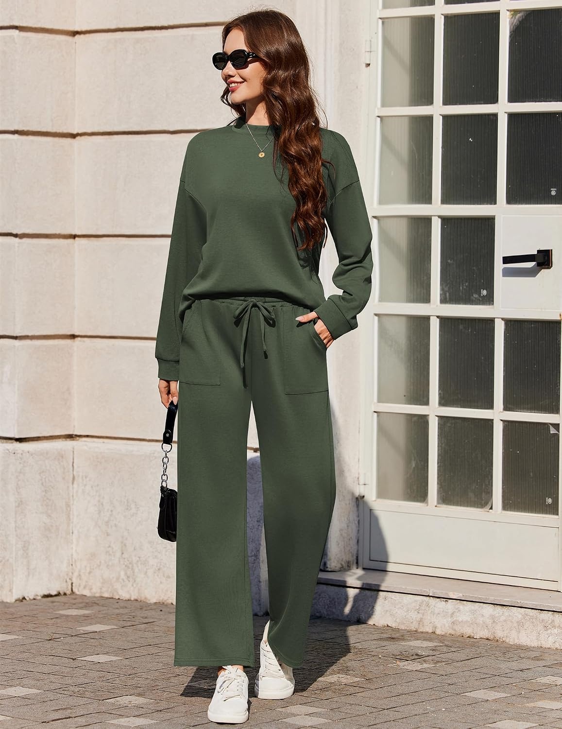 image:imageEkouaer Two Piece Sets for Women Mock Neck Lounge Sets Travel Outfits 2026Dark Green