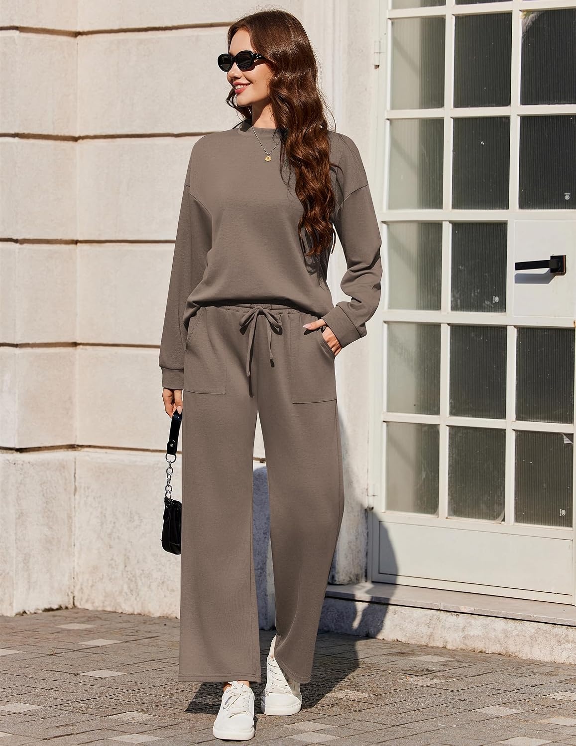 image:imageEkouaer Two Piece Sets for Women Mock Neck Lounge Sets Travel Outfits 2026Dark Grey