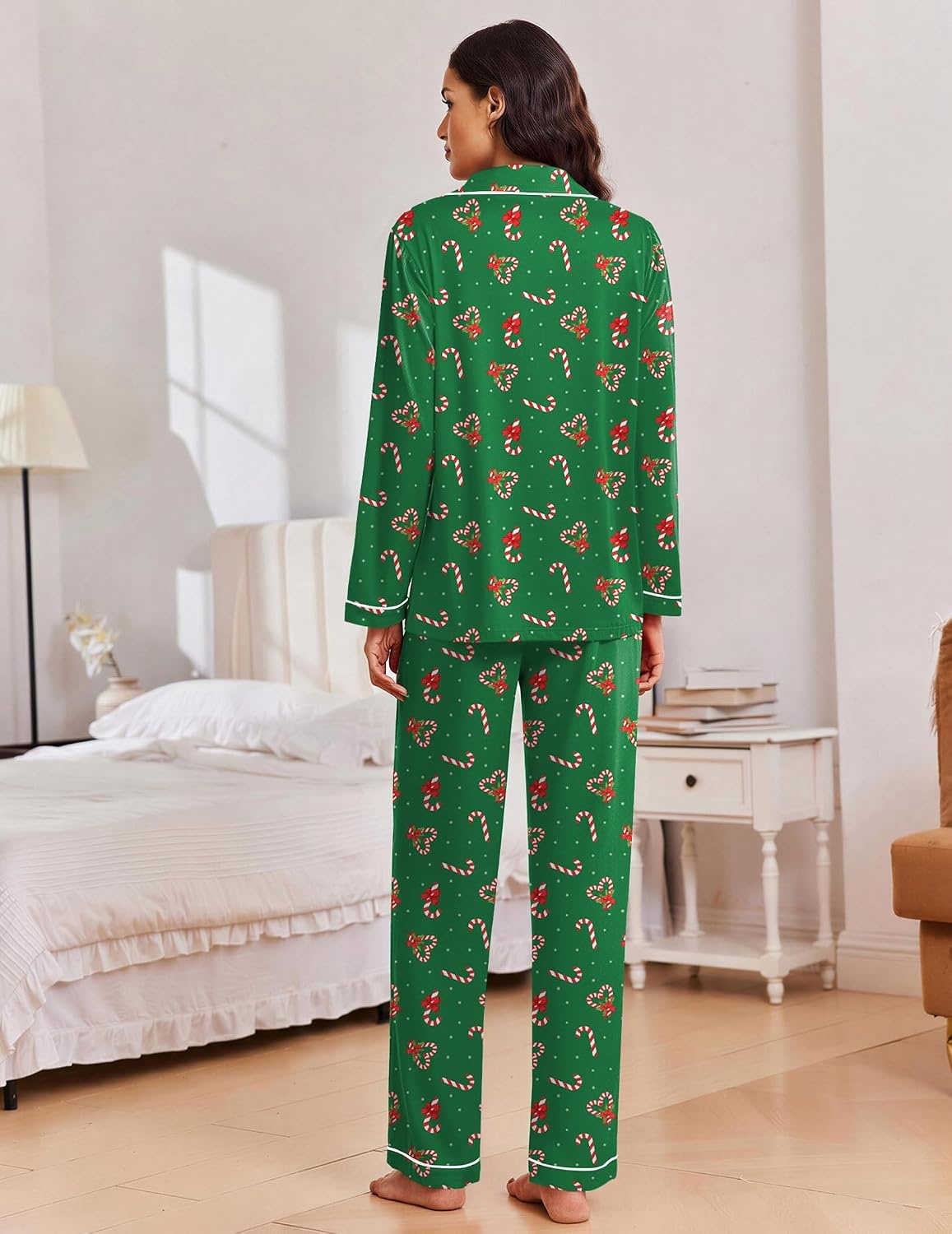 image:imageEkouaer Women Christmas Pajama Long Sleeve Button Up Loungewear Striped PjsChristmas Green Candy Canes