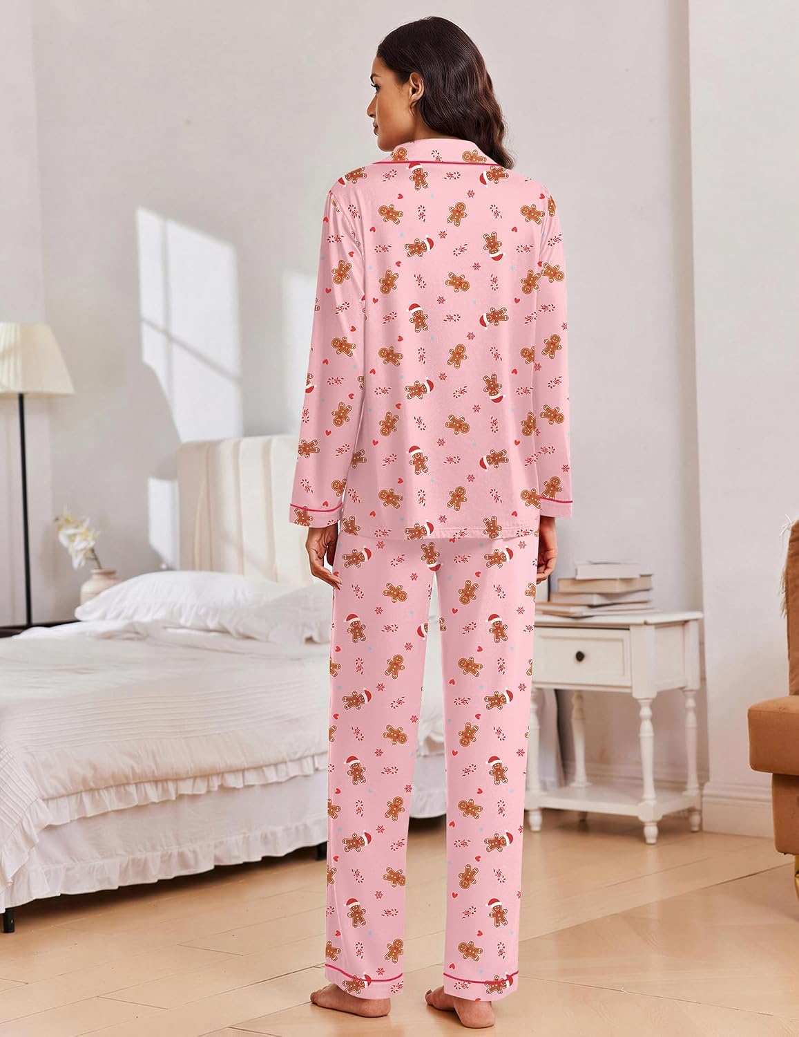 image:imageEkouaer Women Christmas Pajama Long Sleeve Button Up Loungewear Striped PjsChristmas Pink Gingerbread Man
