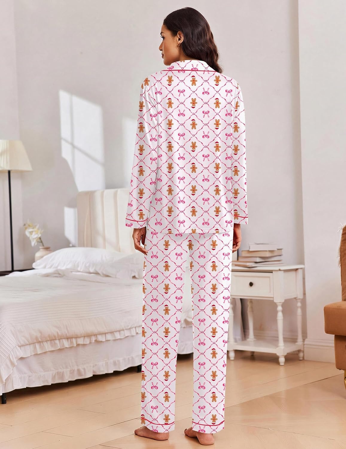 image:imageEkouaer Women Christmas Pajama Long Sleeve Button Up Loungewear Striped PjsChristmas White Pattern