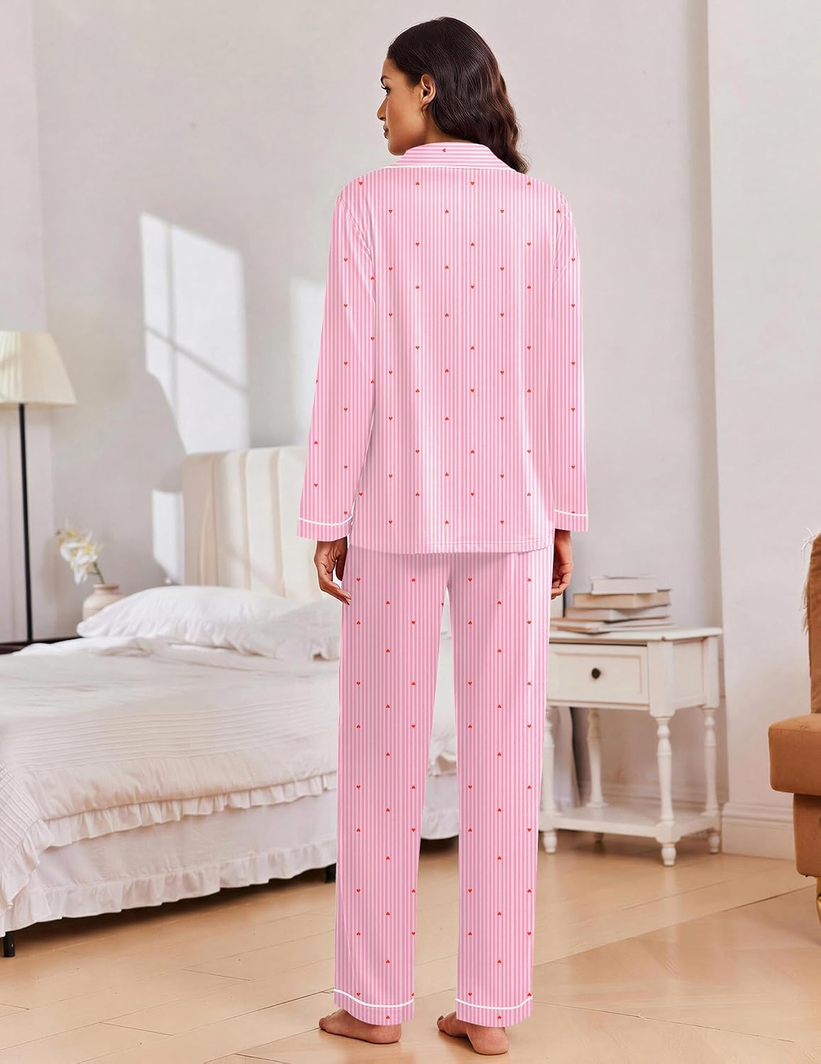 image:imageEkouaer Women Christmas Pajama Long Sleeve Button Up Loungewear Striped PjsPink Striped Heart