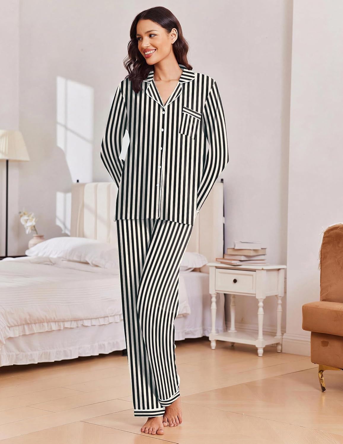 image:imageEkouaer Women Christmas Pajama Long Sleeve Button Up Loungewear Striped PjsStripe Black