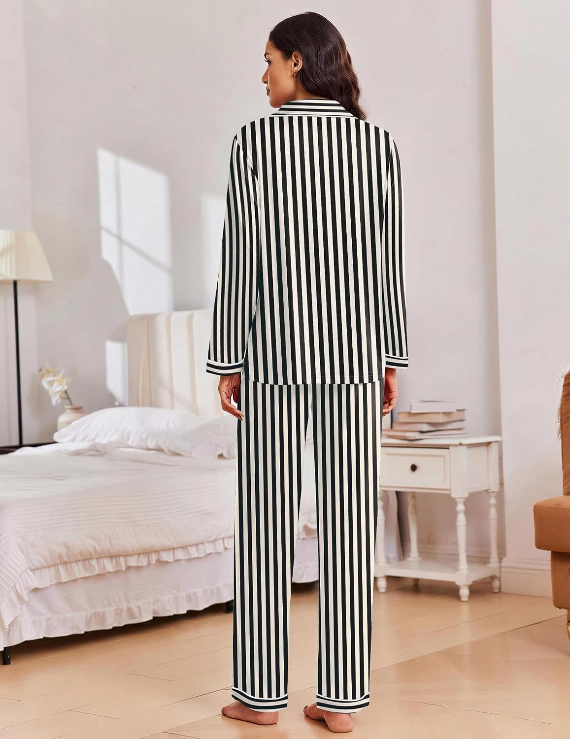 image:imageEkouaer Women Christmas Pajama Long Sleeve Button Up Loungewear Striped PjsStripe Black