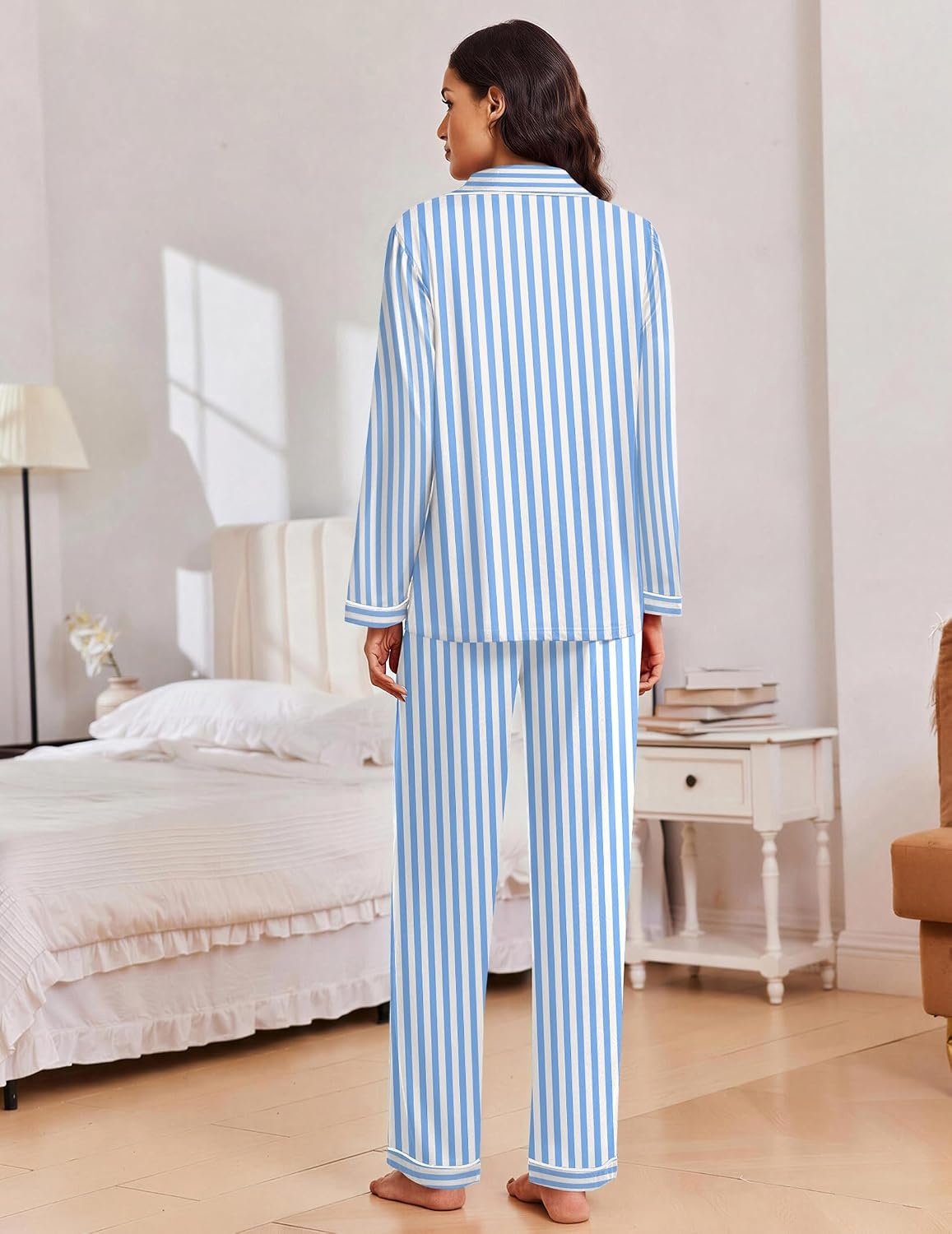 image:imageEkouaer Women Christmas Pajama Long Sleeve Button Up Loungewear Striped PjsStripe Blue