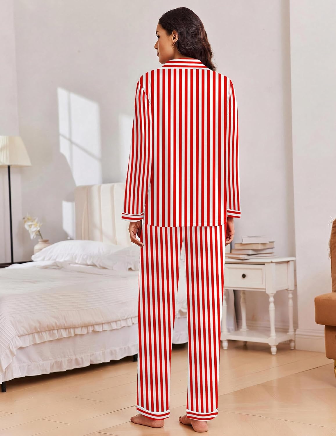 image:imageEkouaer Women Christmas Pajama Long Sleeve Button Up Loungewear Striped PjsStripe Red