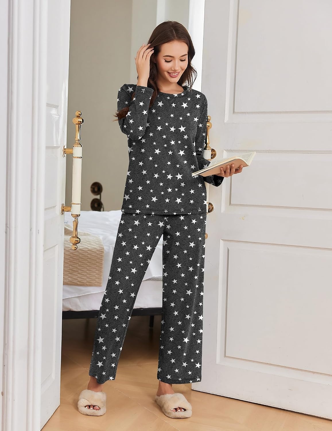 image:imageEkouaer Women Pajama Sets 100 Cotton Pj Sets Comfy Long Sleeve Lounge SetBlack Star
