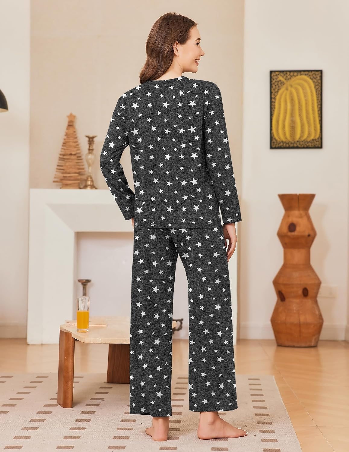 image:imageEkouaer Women Pajama Sets 100 Cotton Pj Sets Comfy Long Sleeve Lounge SetBlack Star