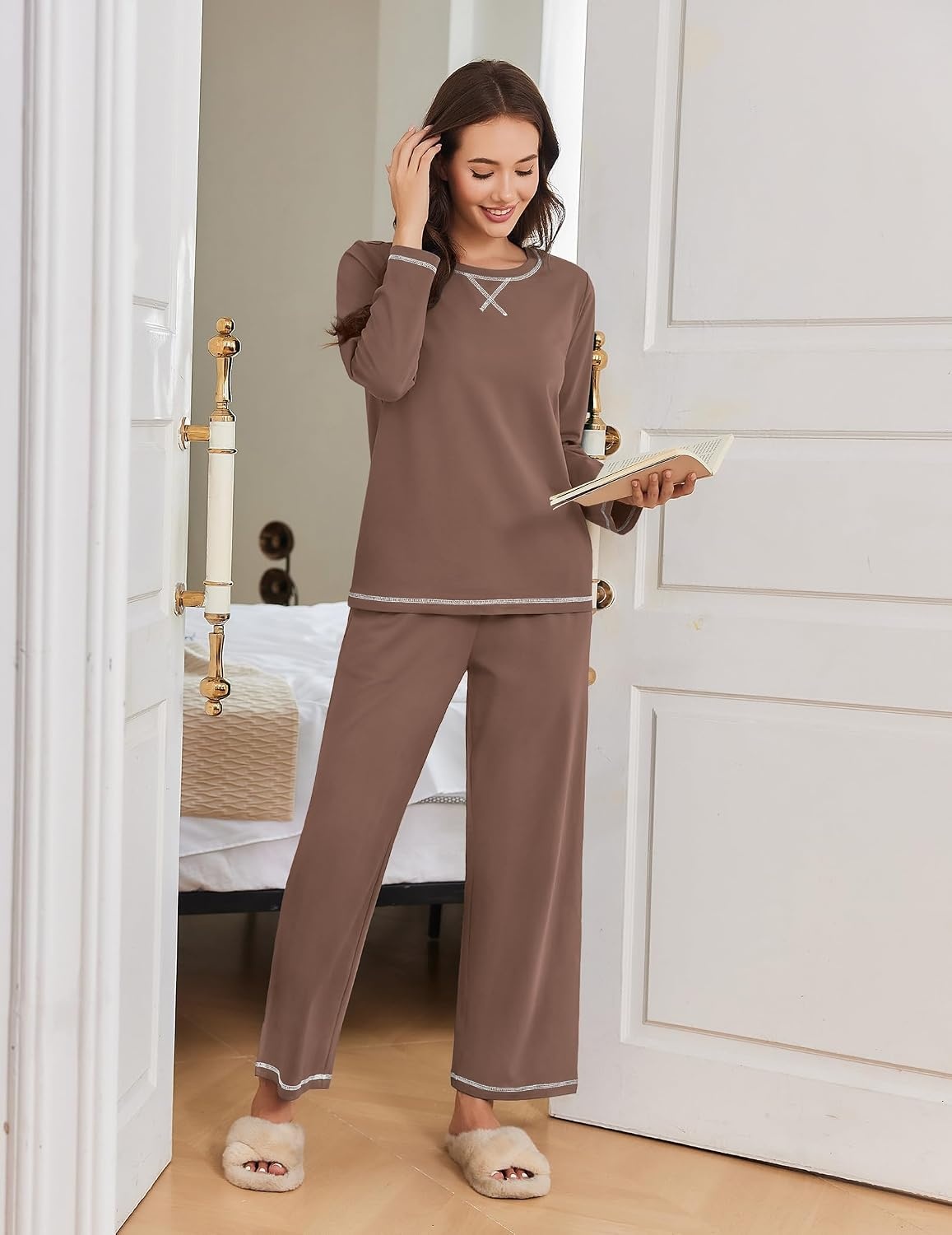 image:imageEkouaer Women Pajama Sets 100 Cotton Pj Sets Comfy Long Sleeve Lounge SetBrown