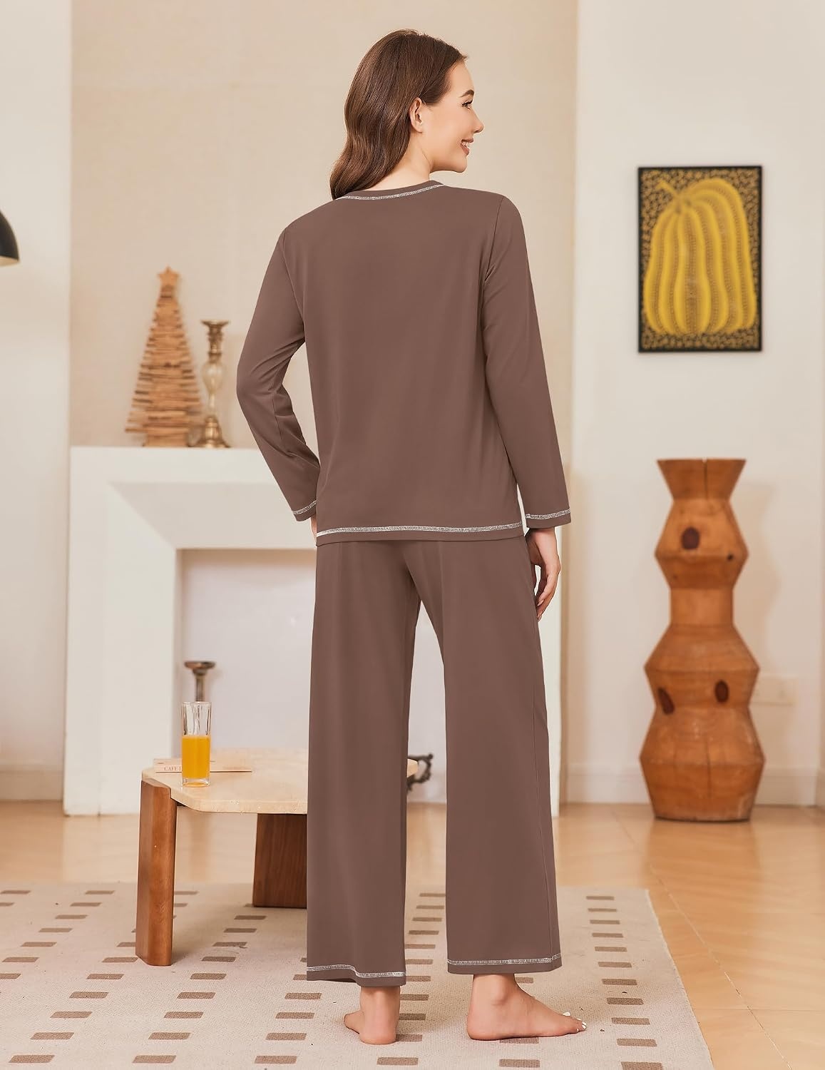 image:imageEkouaer Women Pajama Sets 100 Cotton Pj Sets Comfy Long Sleeve Lounge SetBrown