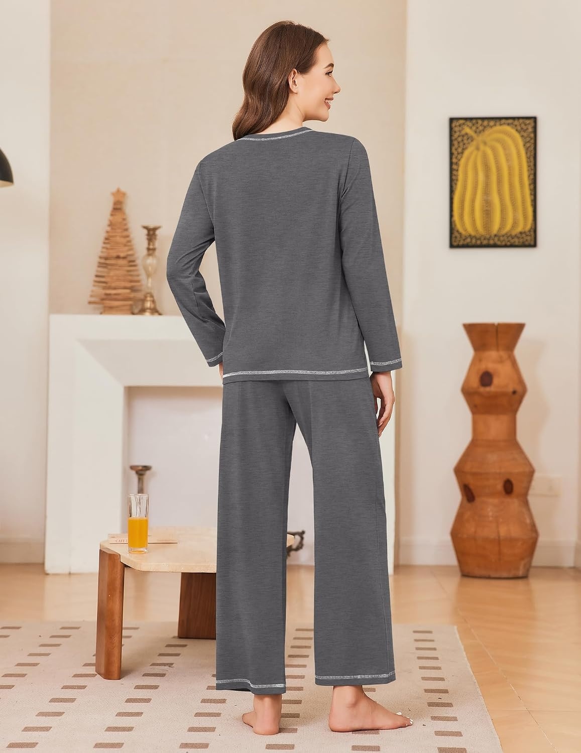 image:imageEkouaer Women Pajama Sets 100 Cotton Pj Sets Comfy Long Sleeve Lounge SetDark Grey
