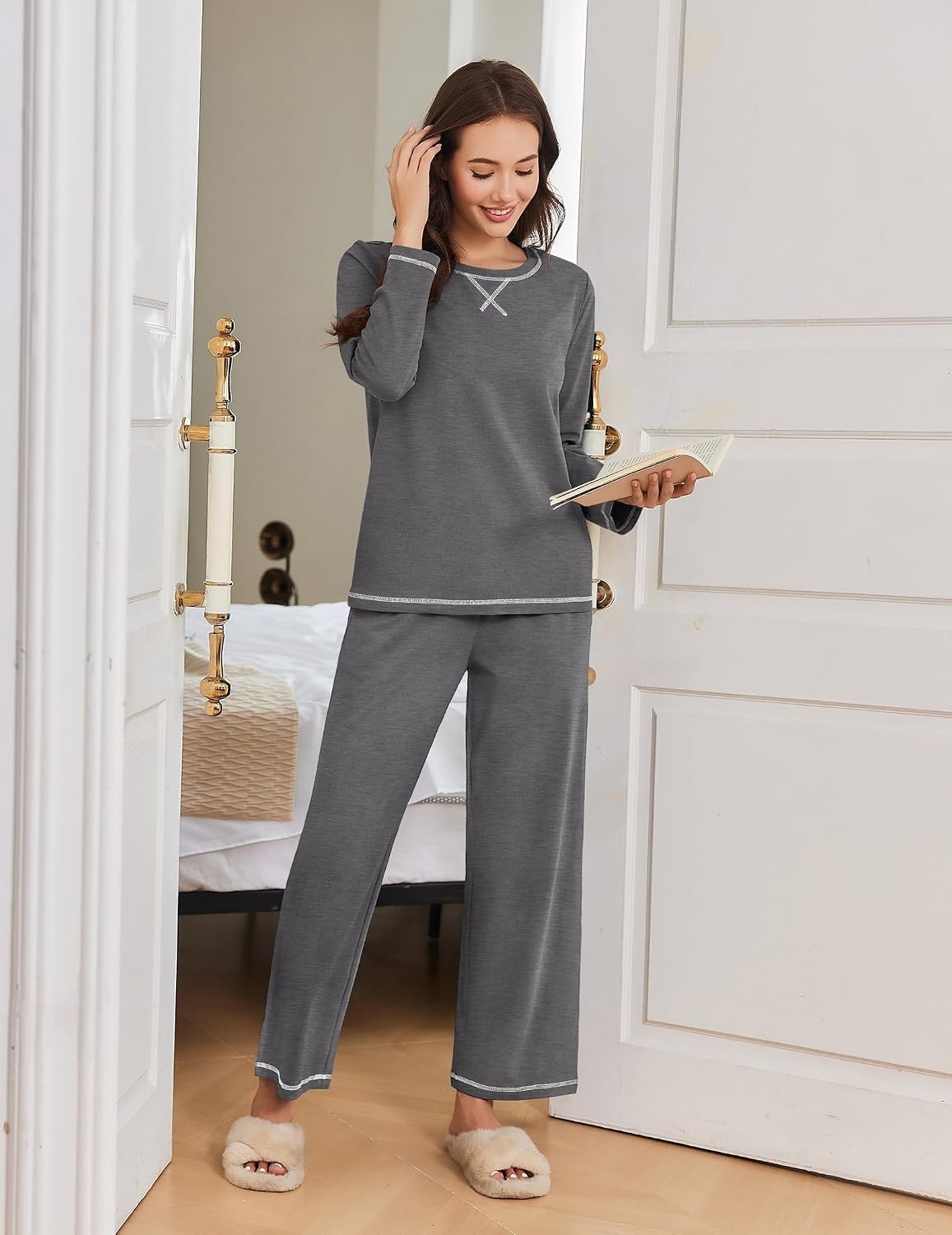 image:imageEkouaer Women Pajama Sets 100 Cotton Pj Sets Comfy Long Sleeve Lounge SetDark Grey