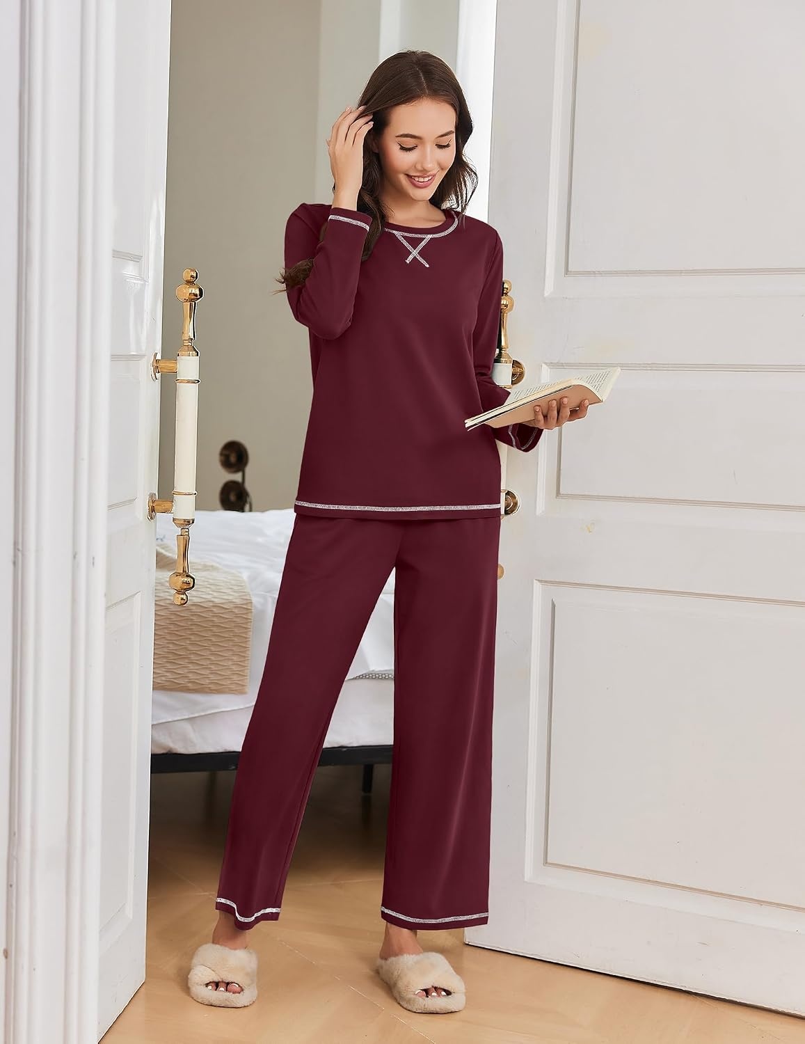 image:imageEkouaer Women Pajama Sets 100 Cotton Pj Sets Comfy Long Sleeve Lounge SetDark Red