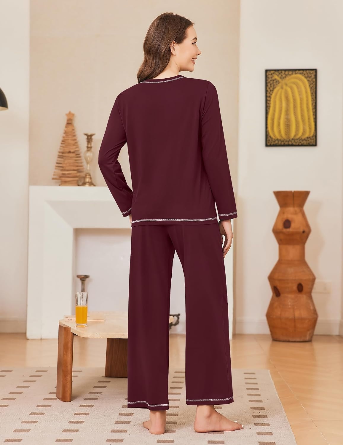 image:imageEkouaer Women Pajama Sets 100 Cotton Pj Sets Comfy Long Sleeve Lounge SetDark Red