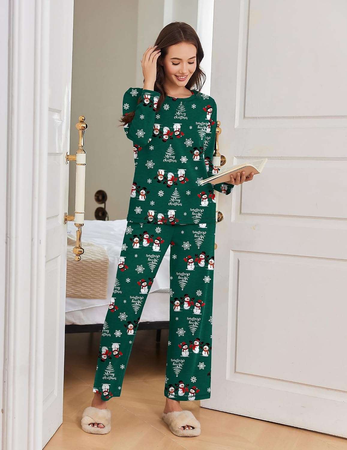 image:imageEkouaer Women Pajama Sets 100 Cotton Pj Sets Comfy Long Sleeve Lounge SetGreen Christmas Snowmen