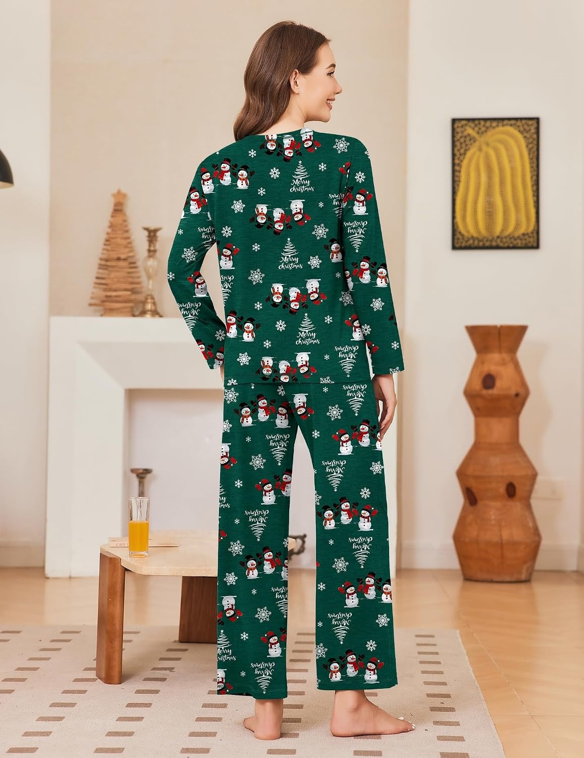 image:imageEkouaer Women Pajama Sets 100 Cotton Pj Sets Comfy Long Sleeve Lounge SetGreen Christmas Snowmen