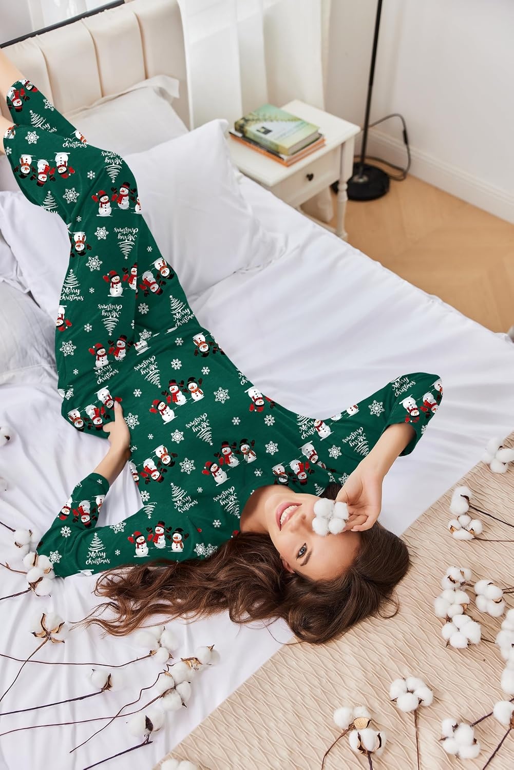 image:imageEkouaer Women Pajama Sets 100 Cotton Pj Sets Comfy Long Sleeve Lounge SetGreen Christmas Snowmen