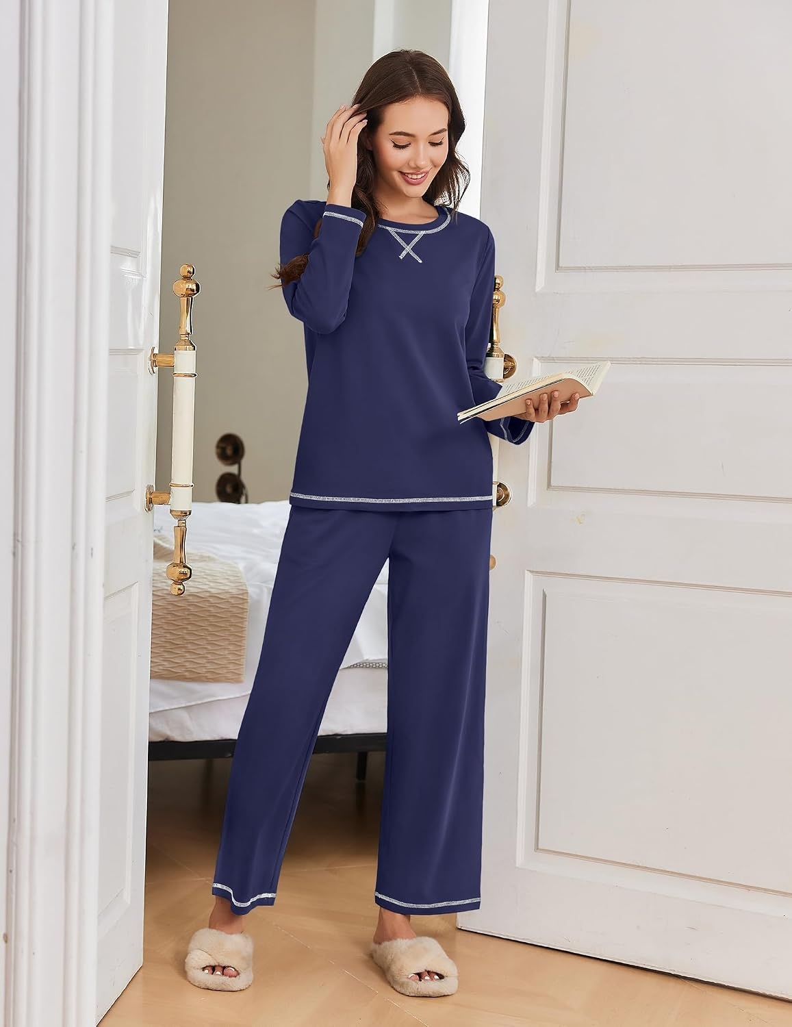 image:imageEkouaer Women Pajama Sets 100 Cotton Pj Sets Comfy Long Sleeve Lounge SetNavy Blue