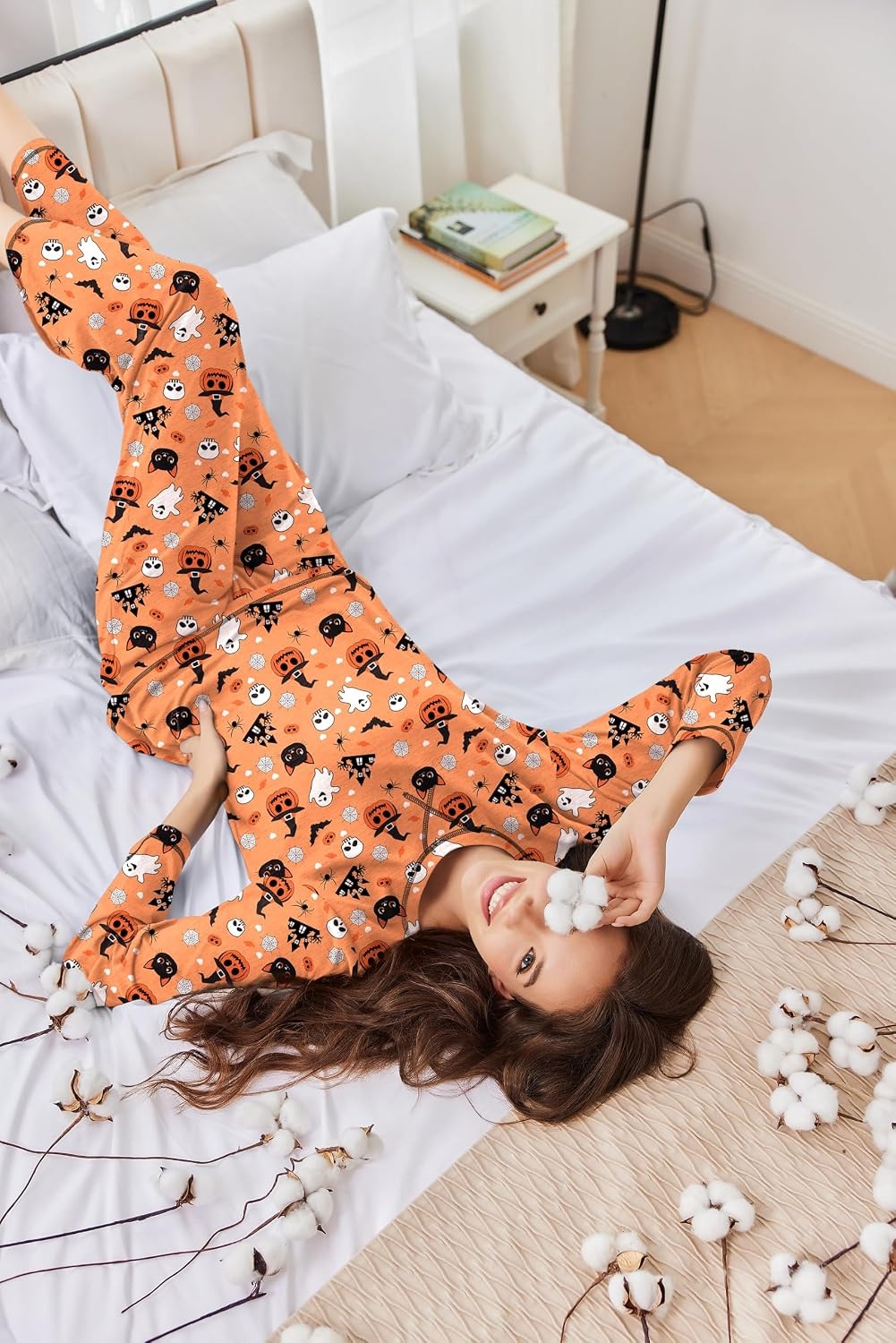 image:imageEkouaer Women Pajama Sets 100 Cotton Pj Sets Comfy Long Sleeve Lounge SetOrange Halloween