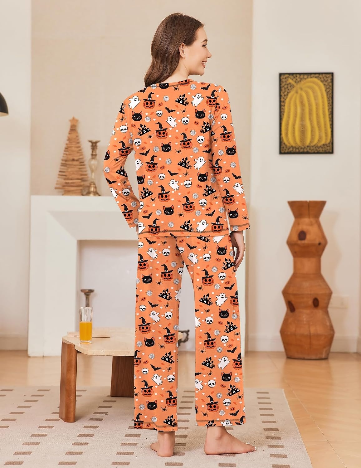 image:imageEkouaer Women Pajama Sets 100 Cotton Pj Sets Comfy Long Sleeve Lounge SetOrange Halloween