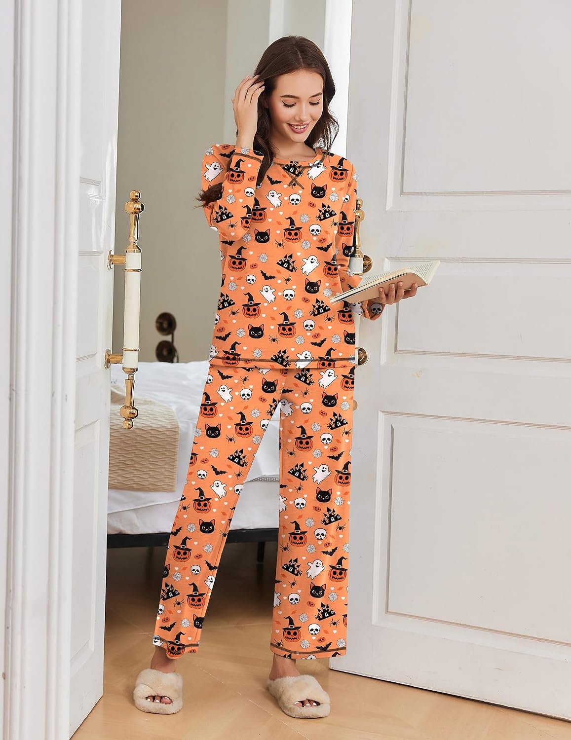image:imageEkouaer Women Pajama Sets 100 Cotton Pj Sets Comfy Long Sleeve Lounge SetOrange Halloween