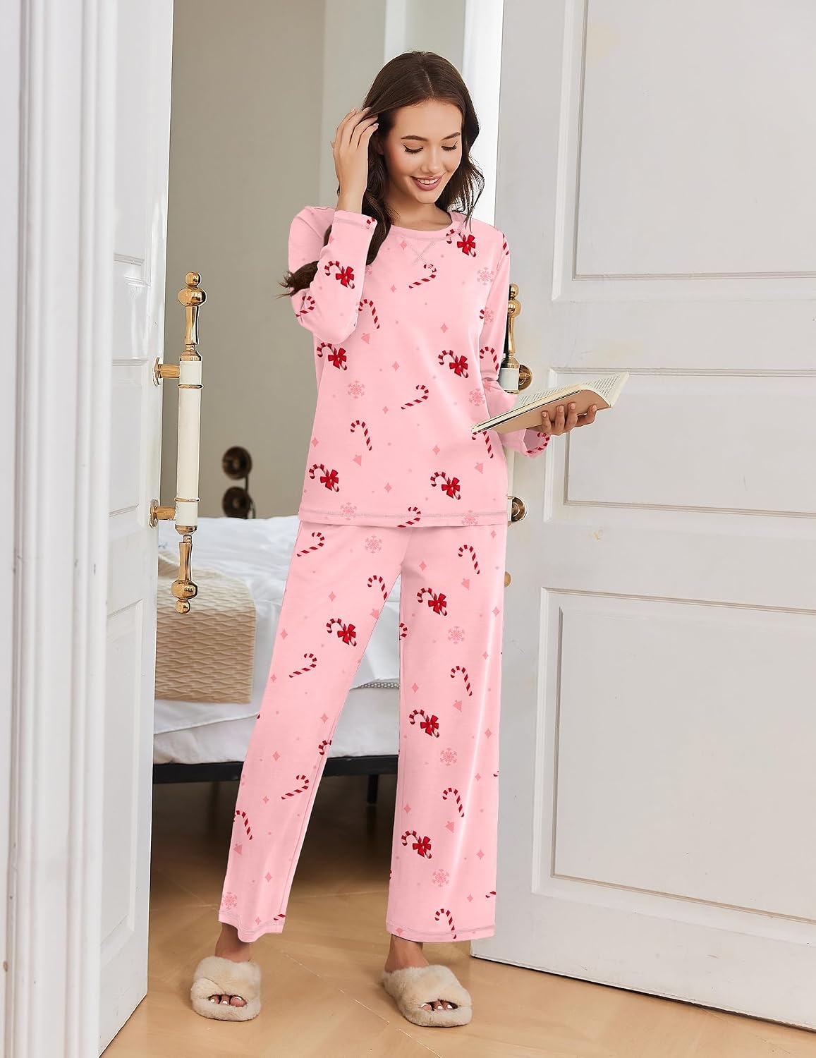 image:imageEkouaer Women Pajama Sets 100 Cotton Pj Sets Comfy Long Sleeve Lounge SetPink Candy Cane