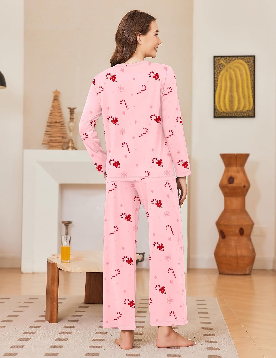 image:imageEkouaer Women Pajama Sets 100 Cotton Pj Sets Comfy Long Sleeve Lounge SetPink Candy Cane