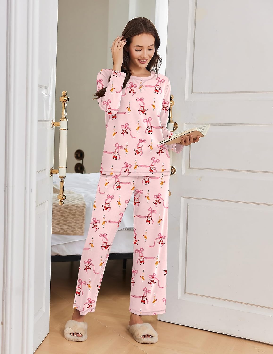 image:imageEkouaer Women Pajama Sets 100 Cotton Pj Sets Comfy Long Sleeve Lounge SetPink Santa Claus
