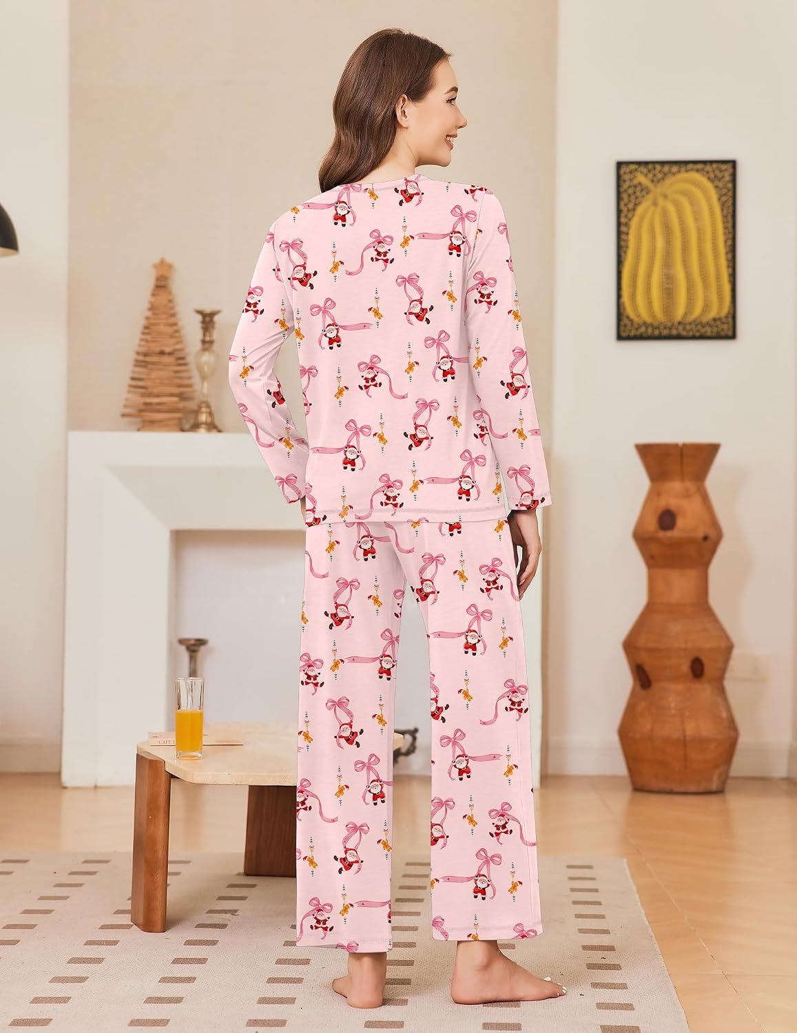 image:imageEkouaer Women Pajama Sets 100 Cotton Pj Sets Comfy Long Sleeve Lounge SetPink Santa Claus