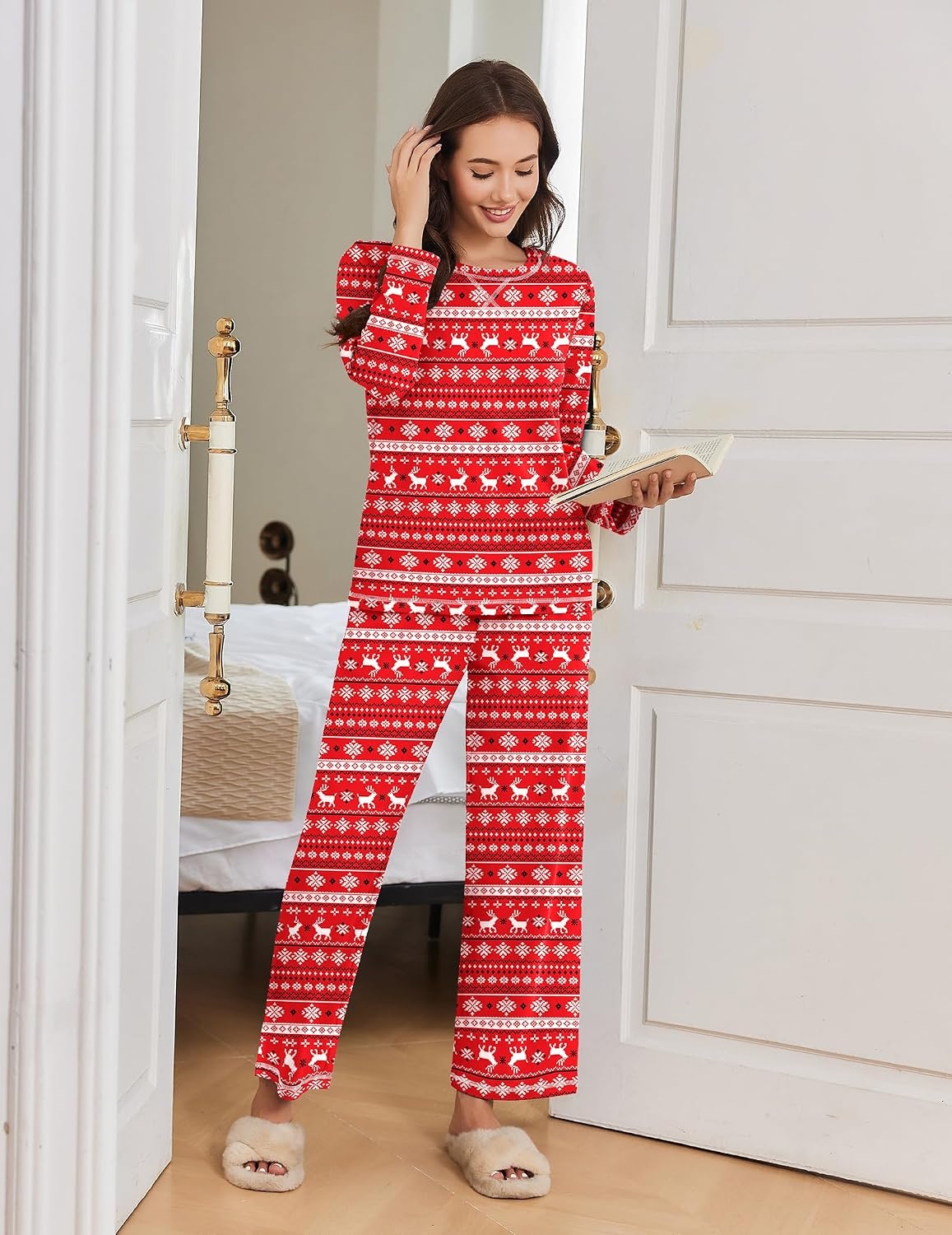 image:imageEkouaer Women Pajama Sets 100 Cotton Pj Sets Comfy Long Sleeve Lounge SetRed Christmas Reindeer