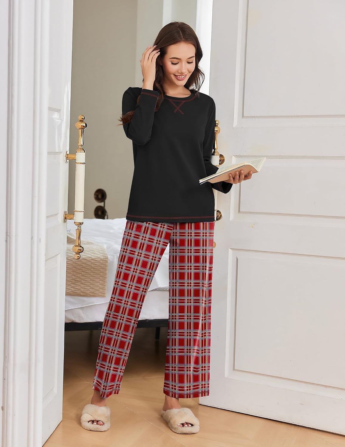 image:imageEkouaer Women Pajama Sets 100 Cotton Pj Sets Comfy Long Sleeve Lounge SetRed Plaid