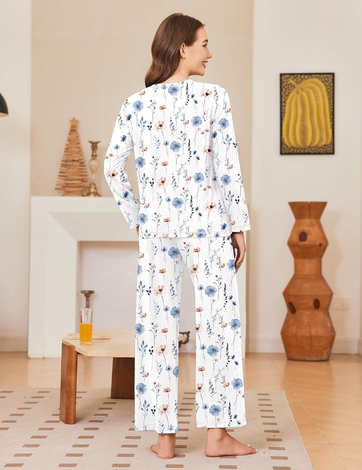 image:imageEkouaer Women Pajama Sets 100 Cotton Pj Sets Comfy Long Sleeve Lounge SetWhite Floral