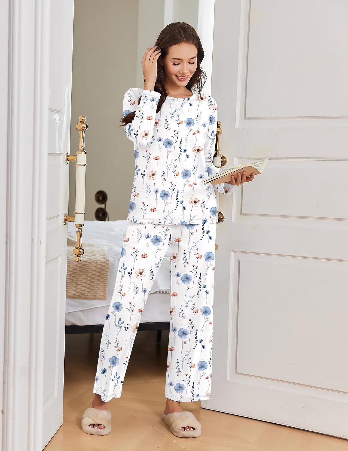 image:imageEkouaer Women Pajama Sets 100 Cotton Pj Sets Comfy Long Sleeve Lounge SetWhite Floral