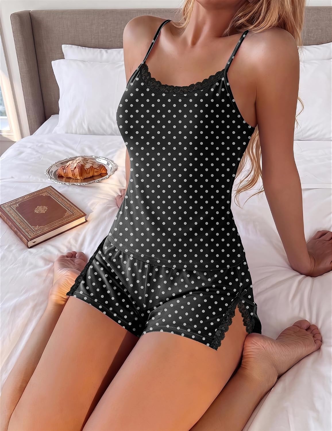 image:imageEkouaer Womens Cami Pajama Set Sexy Lace Split Shorts Lingerie Set XSXXLBlack Polka Dots