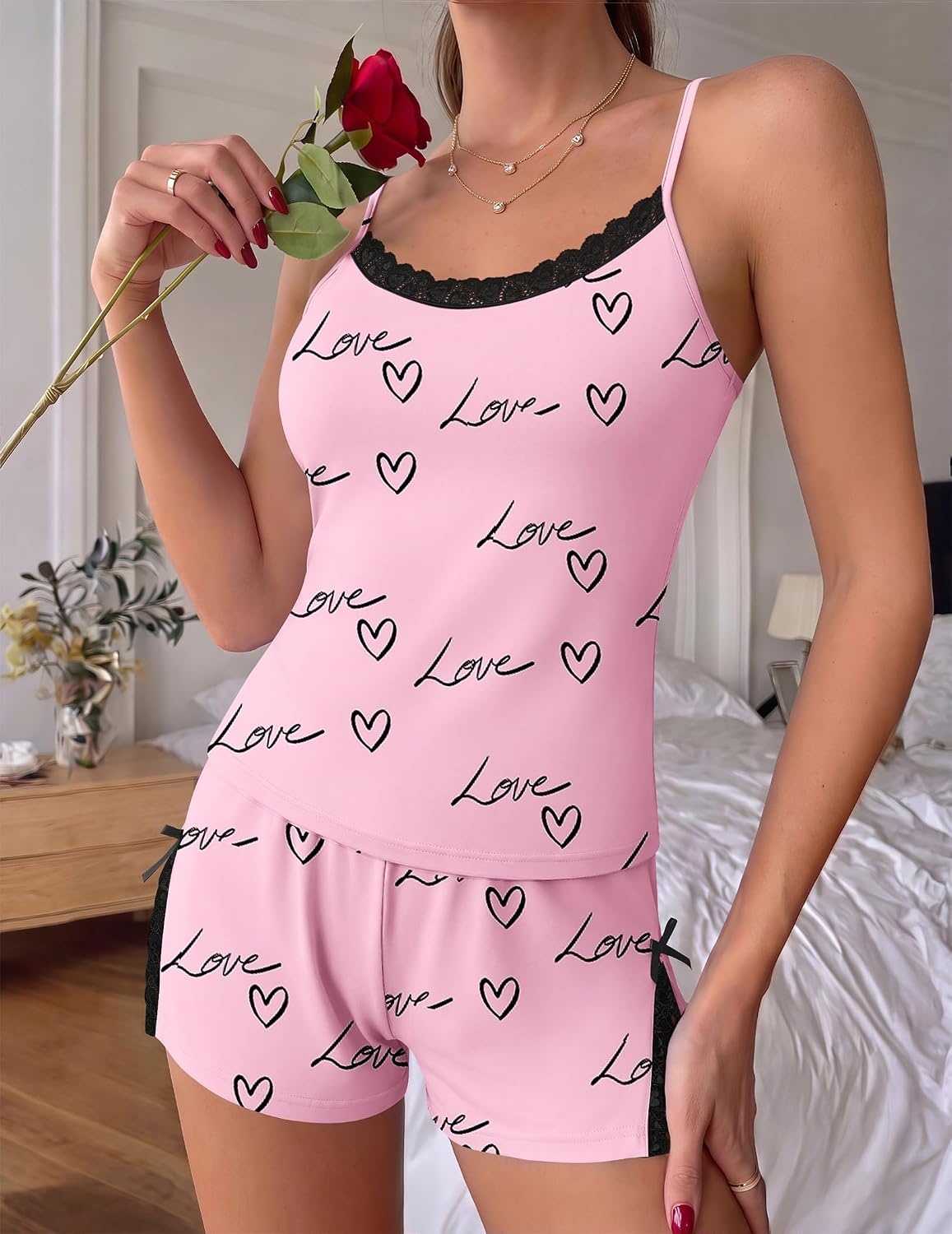image:imageEkouaer Womens Cami Pajama Set Sexy Lace Split Shorts Lingerie Set XSXXLPink Love Letter Print