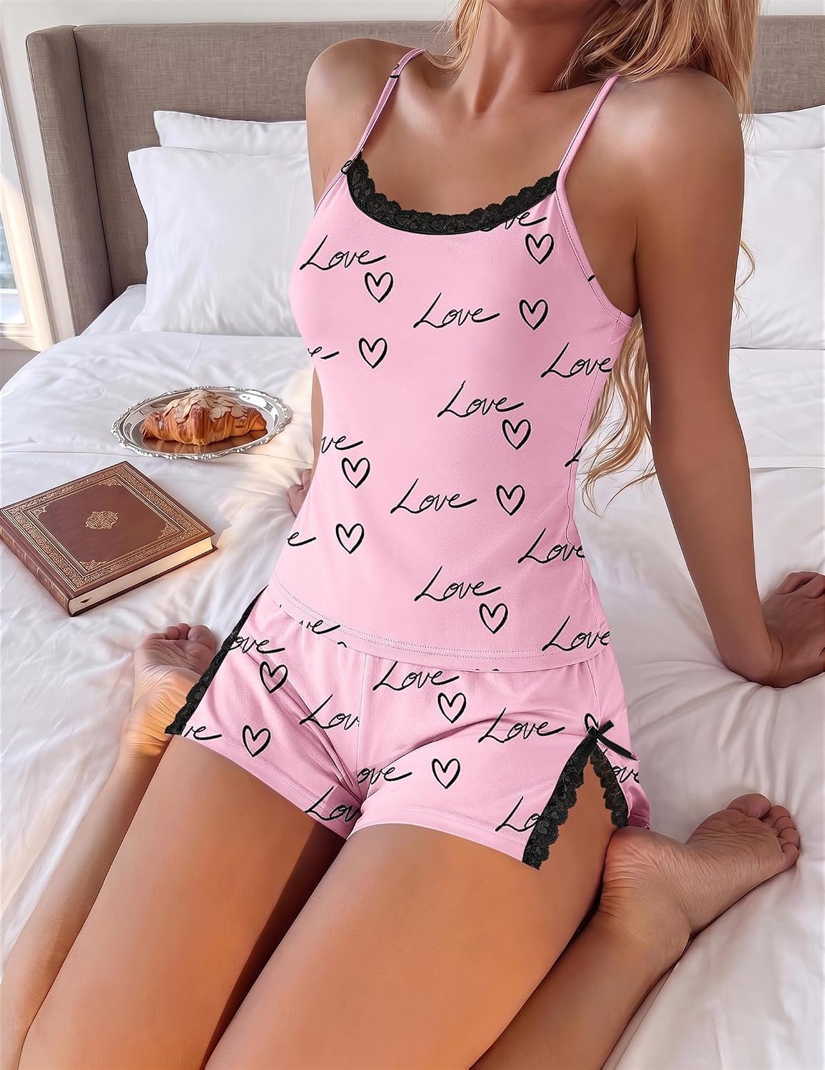 image:imageEkouaer Womens Cami Pajama Set Sexy Lace Split Shorts Lingerie Set XSXXLPink Love Letter Print