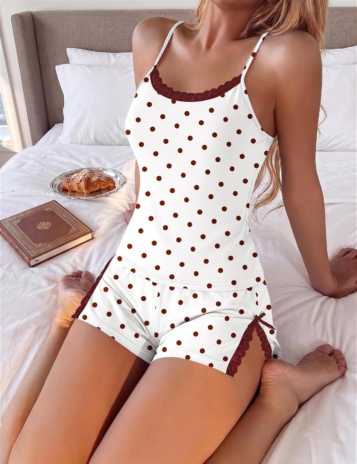 image:imageEkouaer Womens Cami Pajama Set Sexy Lace Split Shorts Lingerie Set XSXXLRed Polka Dots