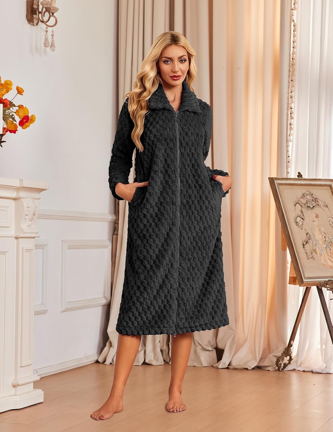 image:imageEkouaer Womens Fluffy Zipper Robes Warm Fleece Housecoat Soft Cozy BathrobeBlack