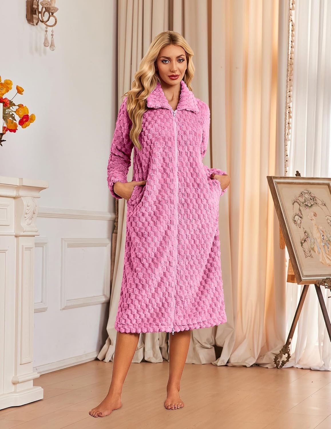 image:imageEkouaer Womens Fluffy Zipper Robes Warm Fleece Housecoat Soft Cozy BathrobeLight Pink