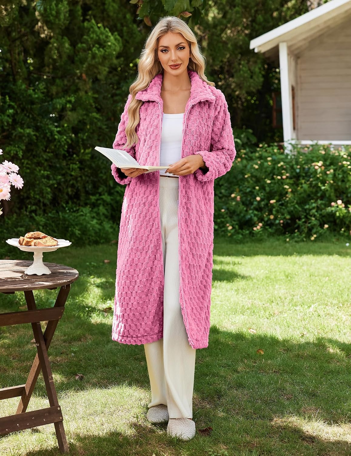 image:imageEkouaer Womens Fluffy Zipper Robes Warm Fleece Housecoat Soft Cozy BathrobeLight Pink