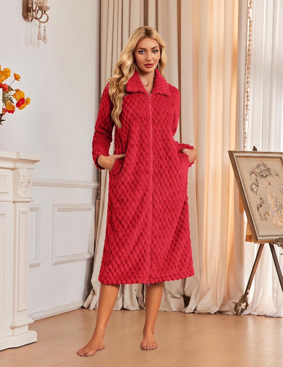 image:imageEkouaer Womens Fluffy Zipper Robes Warm Fleece Housecoat Soft Cozy BathrobeRed