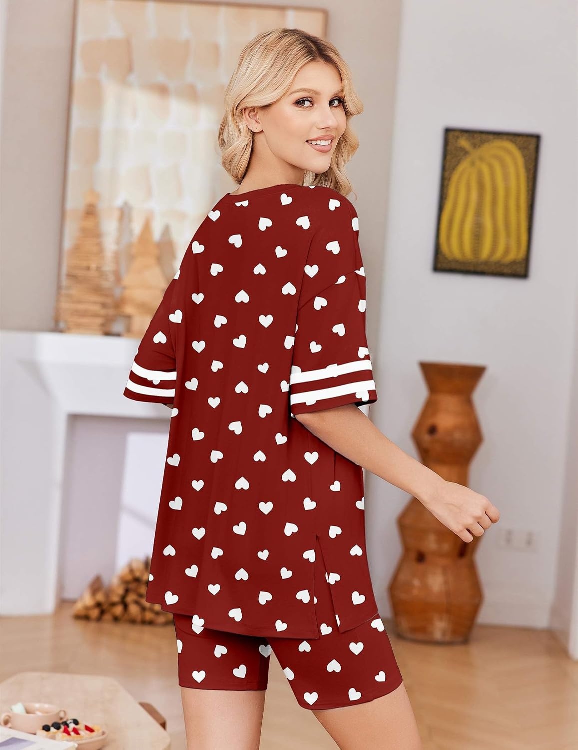 image:imageEkouaer Womens Pajamas Casual 2 Piece Short Sleeve Biker Shorts Lounge SetWine Heart