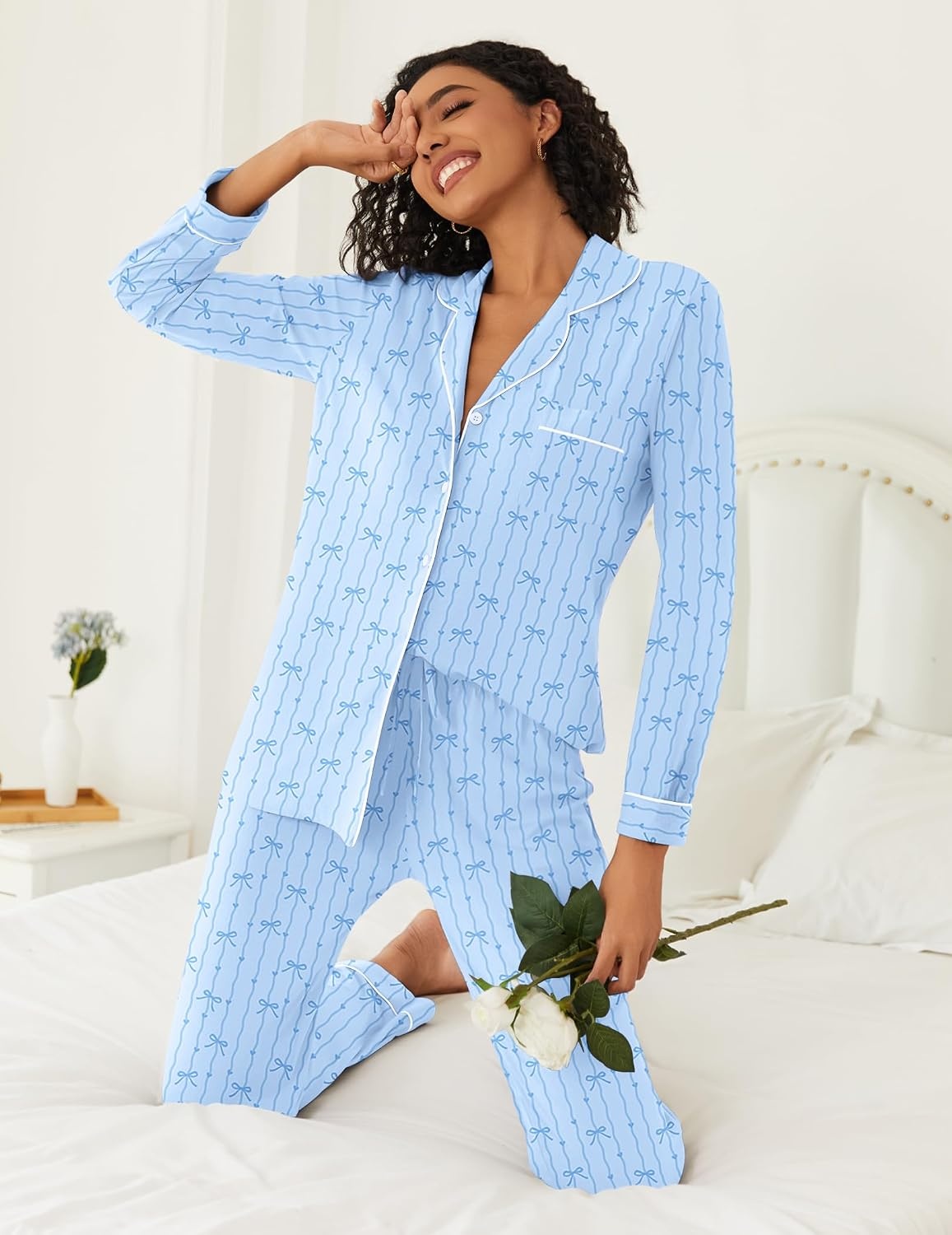 image:imageEkouaer Womens Pajamas Set Button Down Long Sleeve Top amp Pants Lounge Sets