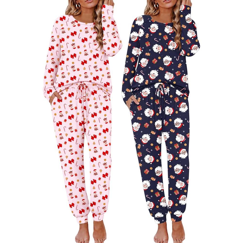 image:imageEkouaer 2 Pack Womens Pajama Sets Long Sleeve Pjs Soft Comfy Lounge SetXmas Navyxmas Pink