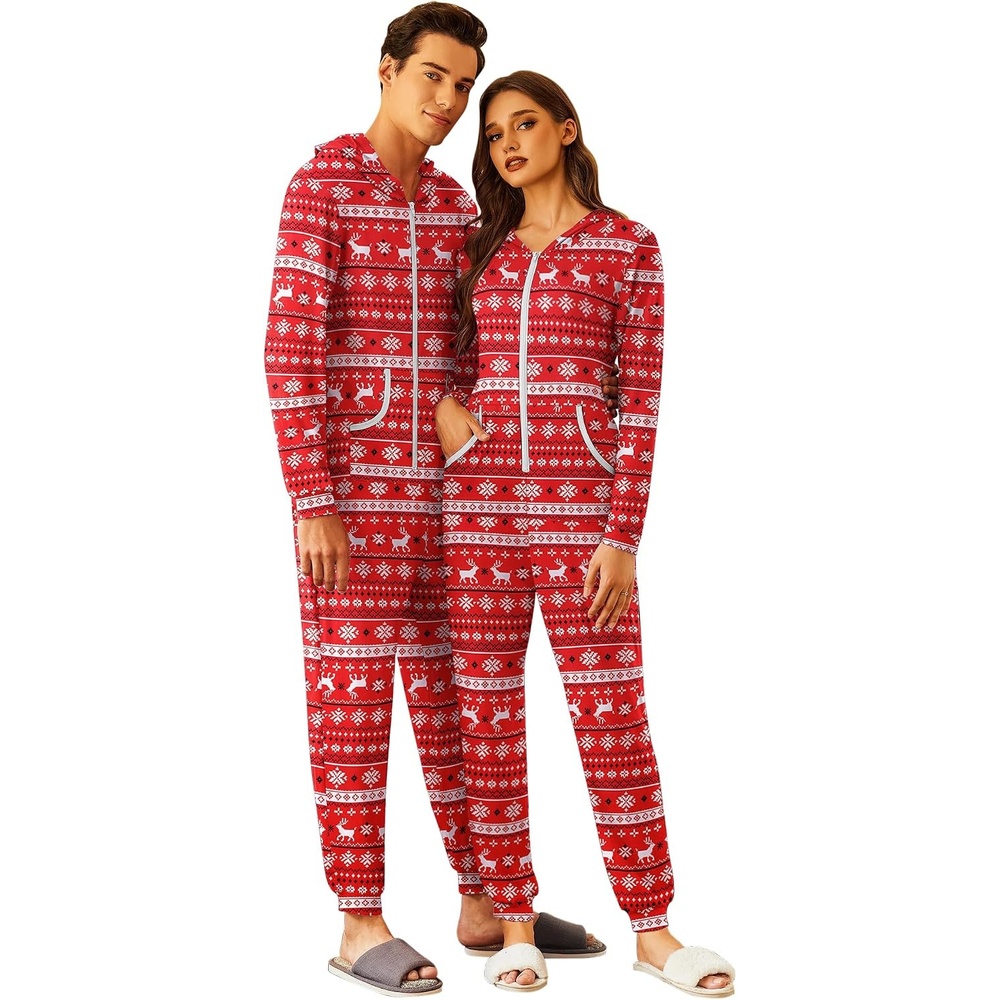 image:imageEkouaer Christmas Matching Onesie for Couples Adult Hooded Pajamas