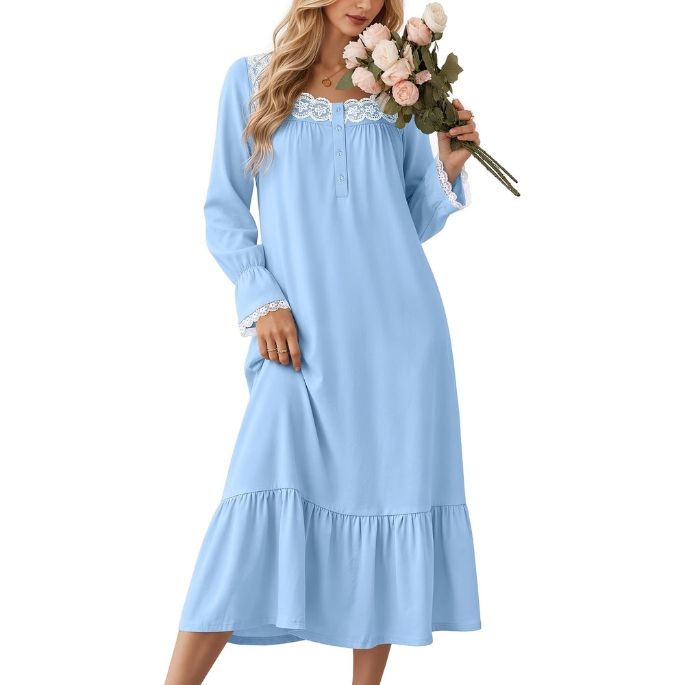 image:imageEkouaer Cotton Nightgowns for Women Long Sleeve Night Gown Lace SleepwearBlue