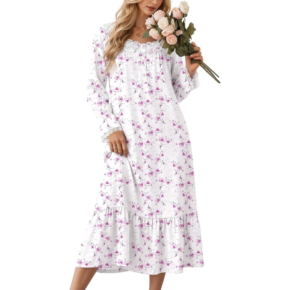 image:imageEkouaer Cotton Nightgowns for Women Long Sleeve Night Gown Lace SleepwearFloral Pink