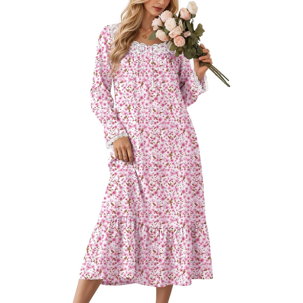 image:imageEkouaer Cotton Nightgowns for Women Long Sleeve Night Gown Lace SleepwearPink Ditsy Floral